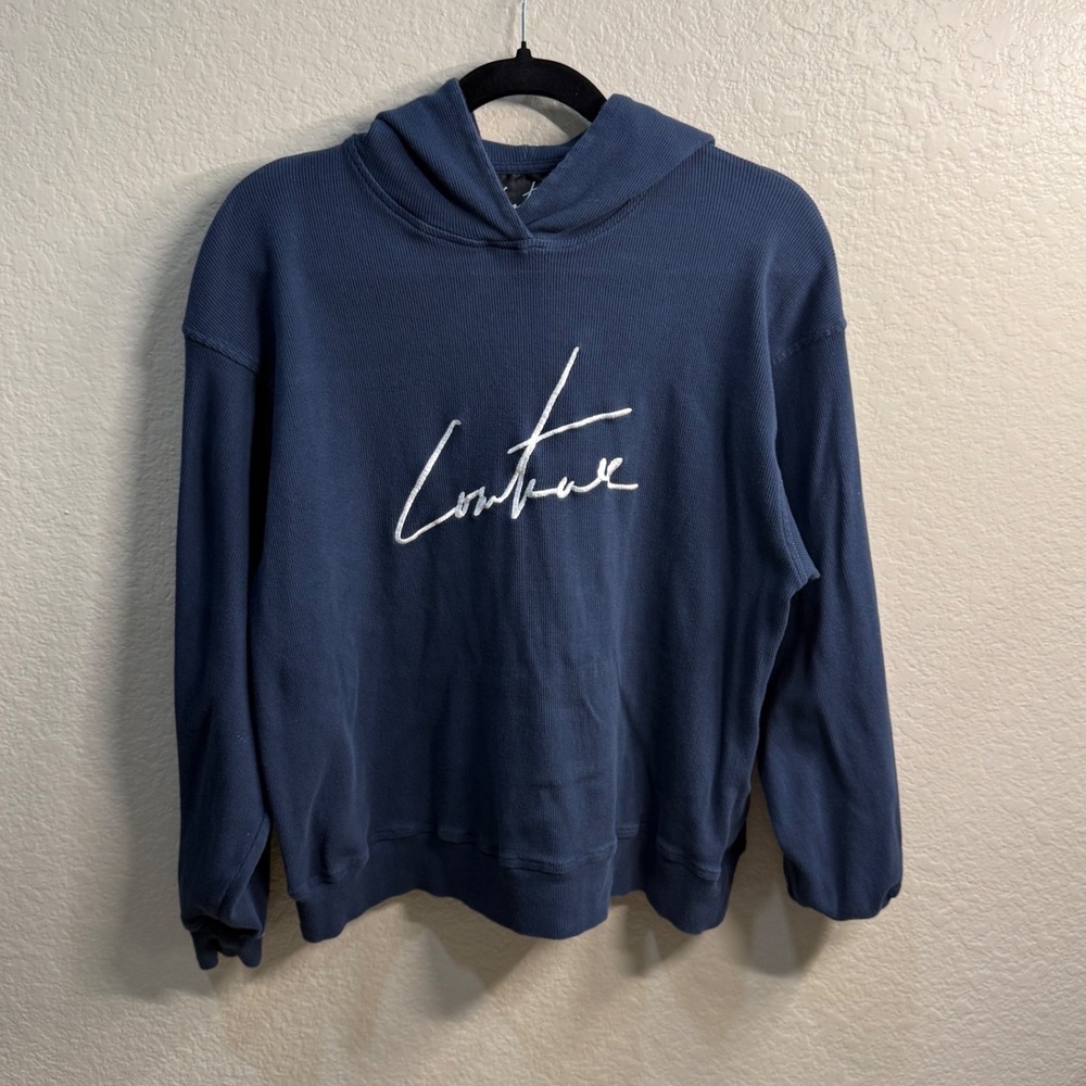 The Couture Club Navy Blue Ribbed Script Logo Hoodie Sweatshirt Womens UK 10